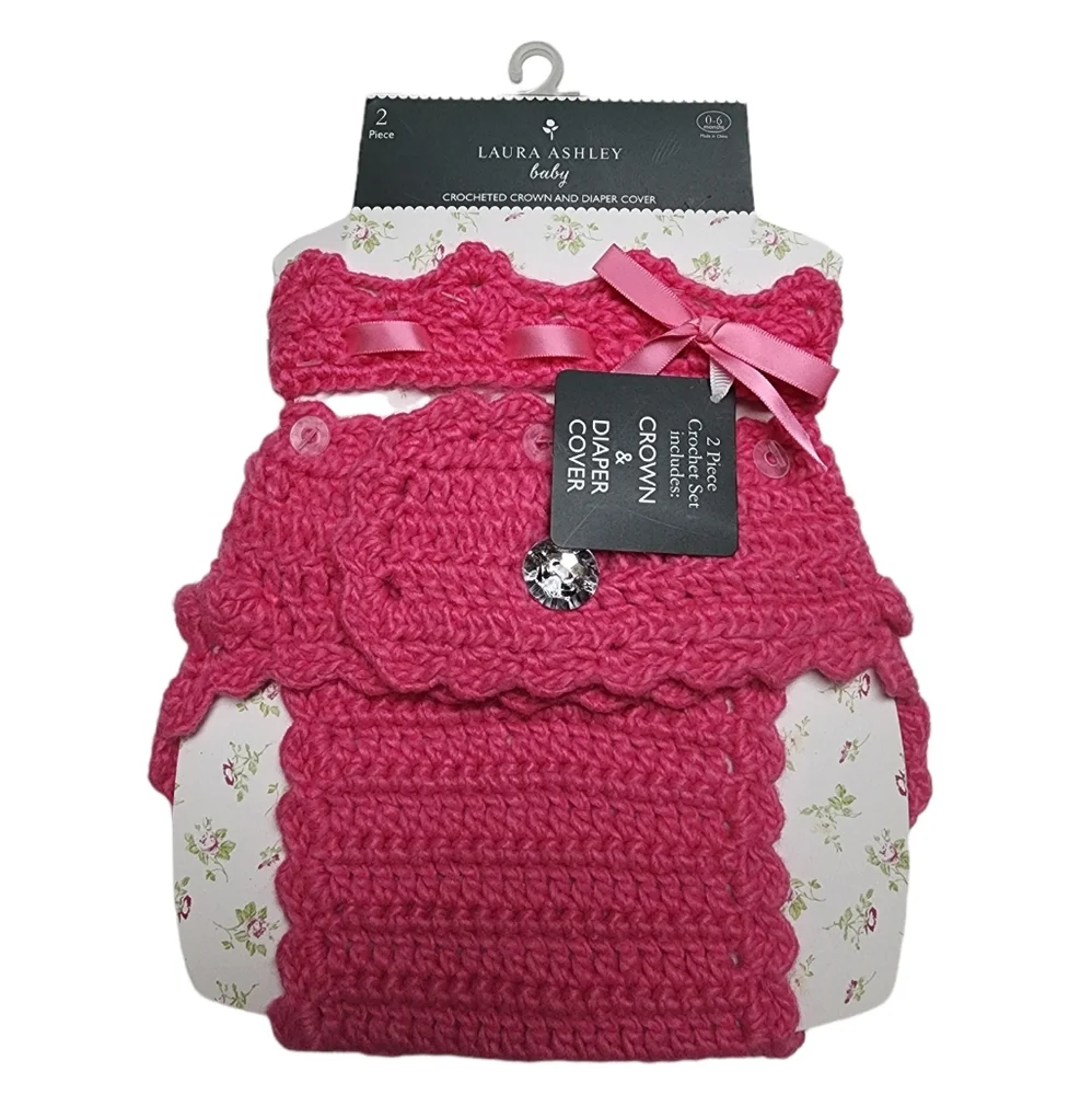 2 Piece Crochet Set Pink Crown and Diaper Cover by Laura Ashley 0- 6 mon…
